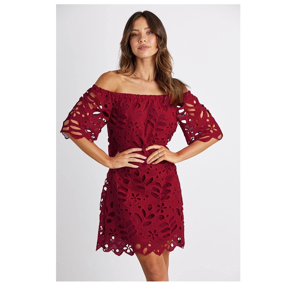 Off the shoulder red floral cutout eyelet romantic.